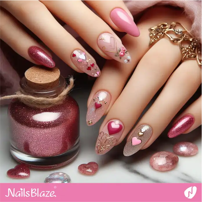 Classy Filigree Design Pink Nails with Hearts | Valentine Nails - NB2372